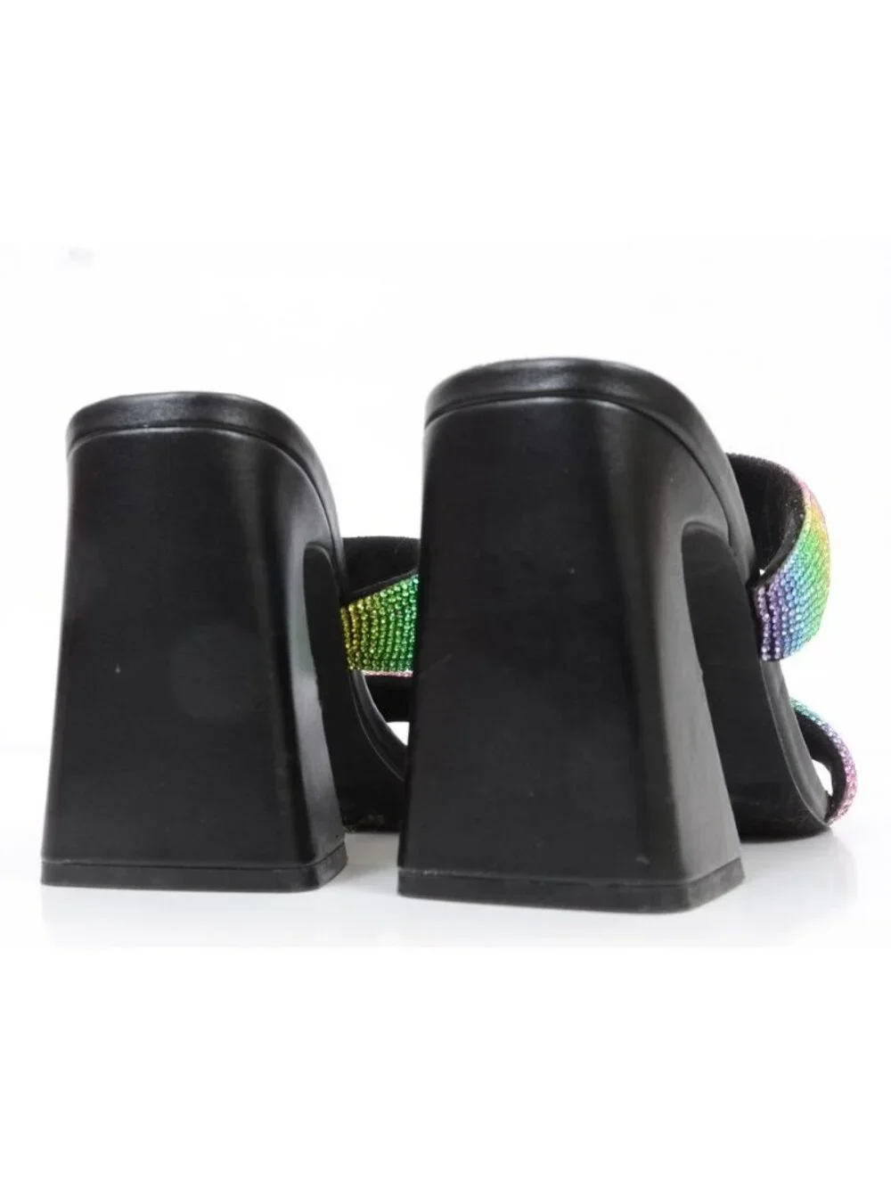 Open Edit Sasha Women‎ 9.5 Black Rainbow Rhinestone Sandal Chunky Flared Heels